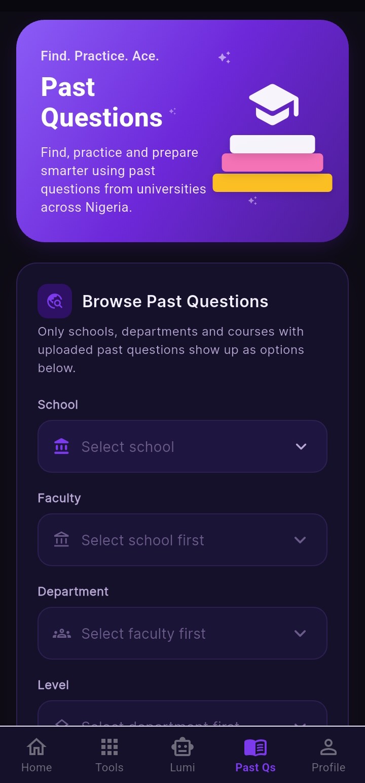StudyLikePro Past Questions screen — real school exam papers